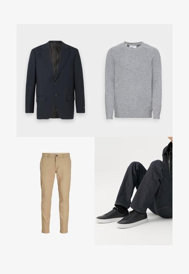 Marineblå blazer, to-buttons lukning, notch lapels, to forlommer, struktureret stof og en glat sort inderside.; Grå strikket sweater med rund hals, ribbede manchetter og kant. Glat tekstur og et enkelt, klassisk design med sidespalter.; Beige, tætsiddende herrebukser med bæltestropper, frontknaplukning og sidelommer på hvid baggrund.; Person siddende med bøjede ben, iført mørkeblå jeans og sorte lave sneakers med hvide såler på en hvid baggrund.
