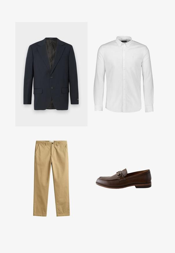 Marineblå blazer, to-buttons lukning, notch lapels, to forlommer, struktureret stof og en glat sort inderside.; Hvid bomulds skjorte med lange ærmer, knapkrave, frontknapper og et lille broderet logo på venstre bryst. Glat tekstur.; Beige bukser med lige ben, bæltestropper, lynlås- og knaplukning samt frontlommer, vist fladt mod en hvid baggrund.; Brun herre loafer i læder med metalbitdetalje, rundet snude og lav stacket hæl, vist i sideprofil på hvid baggrund.