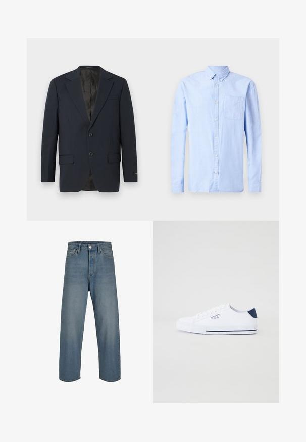 Marineblå blazer, to-buttons lukning, notch lapels, to forlommer, struktureret stof og en glat sort inderside.; Lyseblå langærmet skjorte med knap, lavet af blødt stof, med en knap-ned krave og en enkelt brystlomme.; Lyseblå denimjeans med en afslappet pasform, høj talje og lige ben. Har forreste lommer og knaplukning.; Hvide kanvas sneakers med en marineblå hælaccents, flad gummisål, rund tå og hvide snørebånd. Har logo på siden.