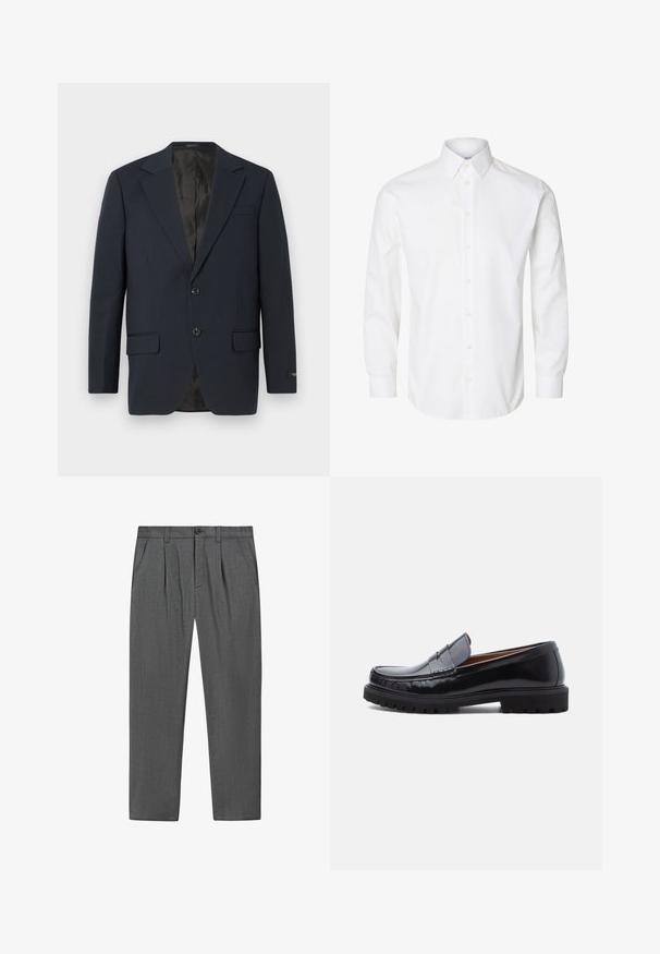 Marineblå blazer, to-buttons lukning, notch lapels, to forlommer, struktureret stof og en glat sort inderside.; Hvid skjorte med lange ærmer, knapper foran, spids krave og knappede manchetter.; Grå formelle bukser med plisseringer, sidelommer, en frontknap og lynlåslukning, vist fladt på en hvid baggrund.; Sorte læder penny loafer med chunky gummisål og moc toe syninger, vist i profil på en hvid baggrund.