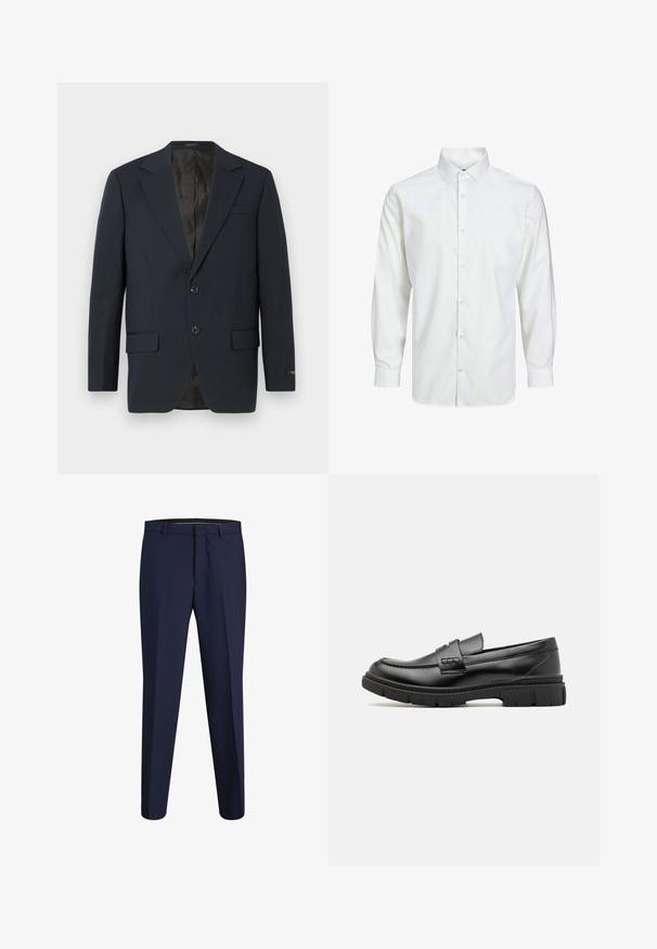 Marineblå blazer, to-buttons lukning, notch lapels, to forlommer, struktureret stof og en glat sort inderside.; Hvid skjorte med lange ærmer, knaplukning, spids krave og knapper ved manchetterne, vist på en ensfarvet hvid baggrund.; Marineblå skræddersyede bukser lavet af glat stof med flad front, lige ben-design og standard talje, med sidelommer.; Sort læder loafersko med en bred rem over forfoden, gummisål med tykke mønstre og glat overflade. Klassisk, slankt design.
