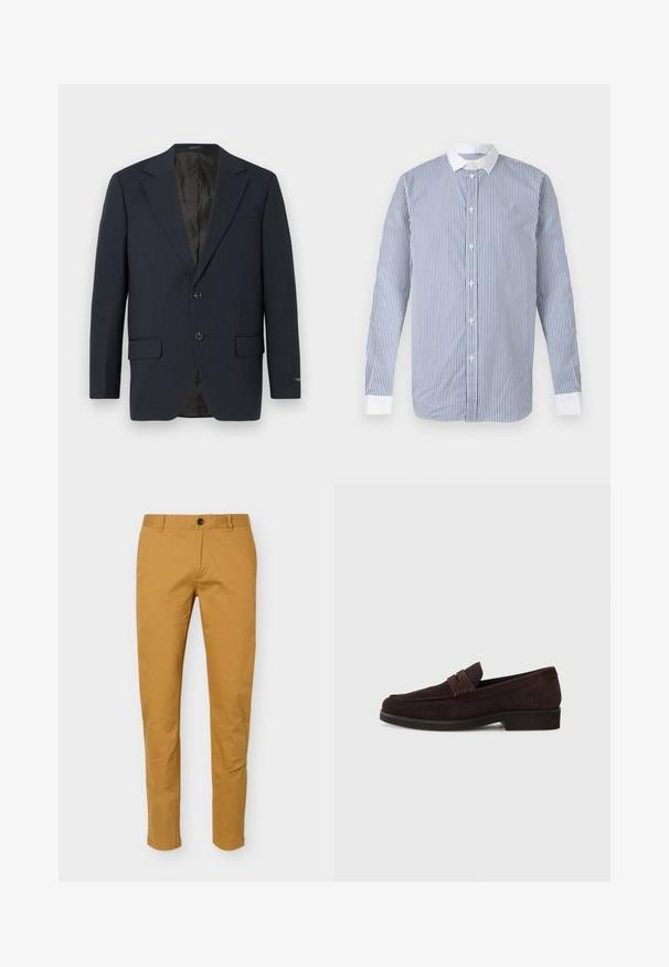 Marineblauwe blazer, twee knopen, notch-revers, twee voorzakken, gestructureerde stof en een gladde zwarte binnenvoering.; Overhemd met lange mouwen en knopen, met verticale blauw-witte strepen, een witte kraag en witte manchetten, op een effen achtergrond.; Slim-fit heren chino's in mosterdgeel met riemlussen, voorste knoop en ritssluiting, weergegeven tegen een effen achtergrond.; Bruine suède loafers met een lage profiel en ronde neus. Heeft een decoratieve band over de bovenkant, een platte rubberen zool en geen zichtbare stiksels.
