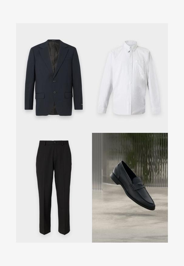Marineblauwe blazer, twee knopen, notch-revers, twee voorzakken, gestructureerde stof en een gladde zwarte binnenvoering.; Wit overhemd met lange mouwen, knoopsluiting, knoopsluitbare kraag en borstzak, plat neerligt op een lichte achtergrond.; Zwarte broeken van soepele stof, met een rechte pijpconstructie, vo pockets, een enkele knoopsluiting en geen zichtbare patronen.; Zwarte leren loafer met een gladde afwerking, puntige neus en gestikte details over de wreef. Lage hak en minimalistisch ontwerp.