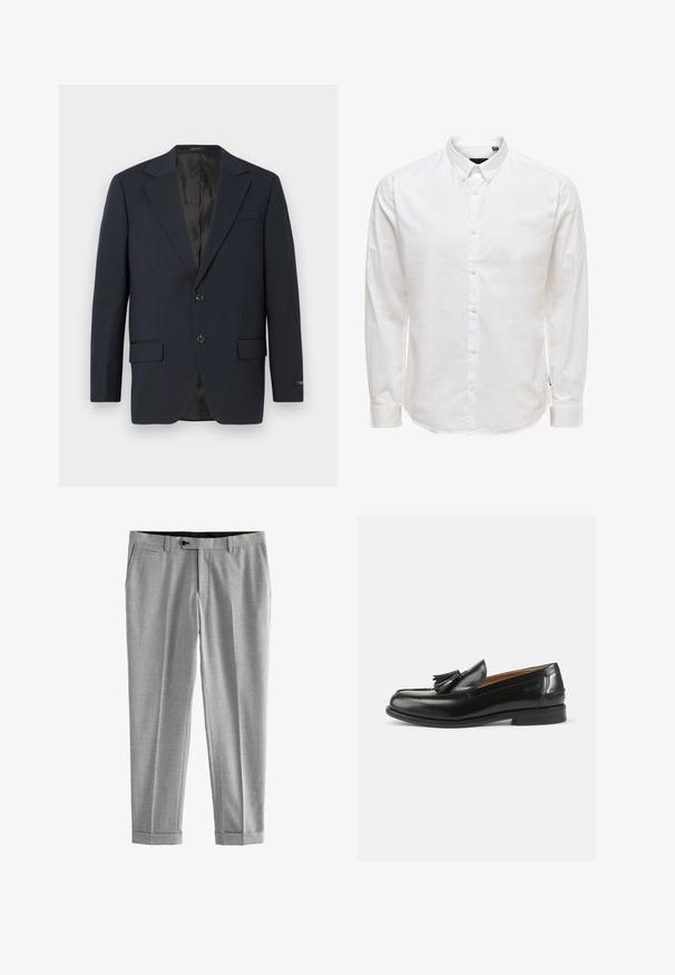 Marineblauwe blazer, twee knopen, notch-revers, twee voorzakken, gestructureerde stof en een gladde zwarte binnenvoering.; Witte lange mouw knopsluiting shirt met een kraag, met een gladde textuur en zes knopen aan de voorkant. Getailleerde pasvorm met manchet mouwen.; Grijze pantalon van gestructureerde stof, met platte voorkant, zijzakken en beïnvloede zomen. Strakke, op maat gemaakte silhouet.; Zwarte leren instappers met een kwastaccent, een ronde neus en een gladde afwerking. De zool is plat met een minimaal profiel.