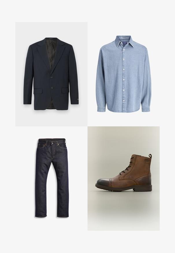 Marineblå blazer, to-buttons lukning, notch lapels, to forlommer, struktureret stof og en glat sort inderside.; Lysblå denim skjorte med lange ærmer og knapper, med krave og hvide knapper, præsenteret mod en helt hvid baggrund.; Mørkeblå denimjeans med lige snit, fem-lomme design, metalbeslag og kontrasterende orange syninger. Glat tekstur, ingen synlige mønstre.; Brun læderstøvle med snørebånd, sort tåhætte, rund sål og mærket detalje på siden mod ensfarvet baggrund.