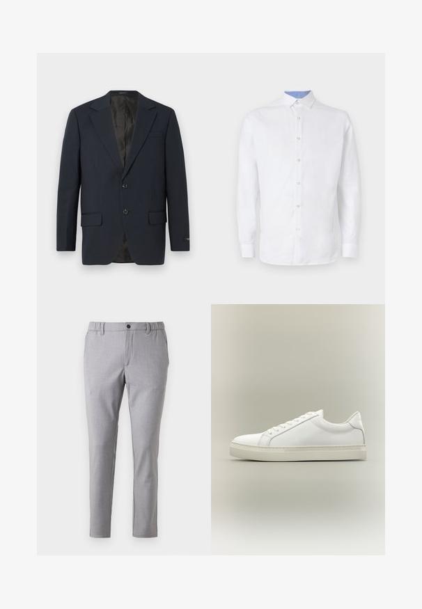 Marineblå blazer, to-buttons lukning, notch lapels, to forlommer, struktureret stof og en glat sort inderside.; Hvid langærmet skjorte med knaplukning, med et lyseblåt ternet mønster indeni kraven og manchetterne. Glat stoffer.; Grå chinos lavet af stof med en glat tekstur, med elastisk talje, sidelommer og et slankt design.; Hvid lavtop sneaker med snørebånd foran og tyk sål, vist fra siden mod en neutral baggrund.