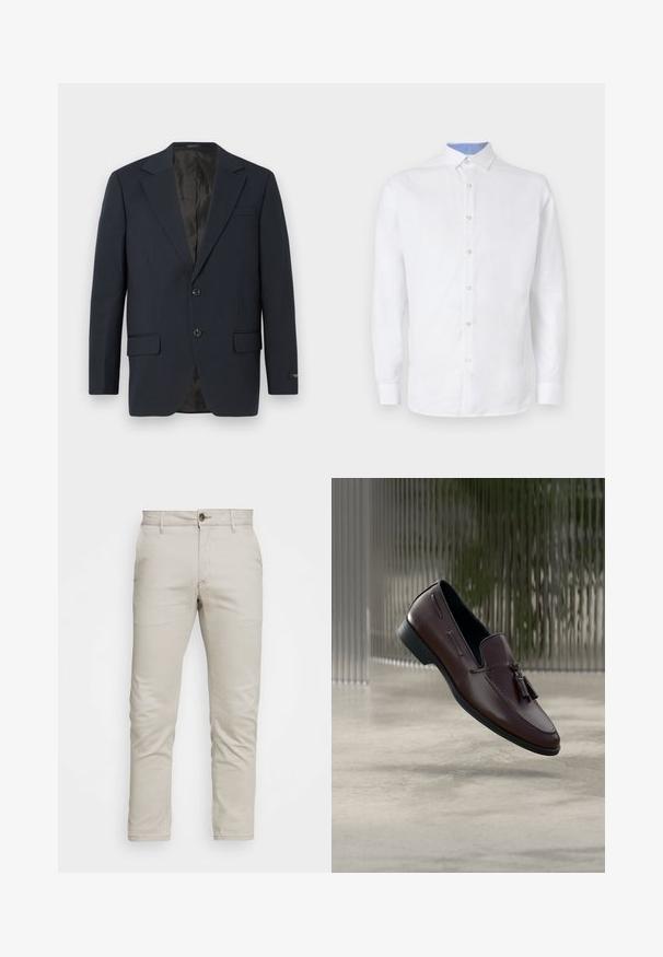 Marineblå blazer, to-buttons lukning, notch lapels, to forlommer, struktureret stof og en glat sort inderside.; Hvid langærmet skjorte med knaplukning, med et lyseblåt ternet mønster indeni kraven og manchetterne. Glat stoffer.; Beige chinos med lige ben, lavet af en blanding af bomuldsstof. Inkluderer frontknaplukning og sidelommer. Glat tekstur.; Brune læder loafers med en glat tekstur, med dekorative kvaster og en forhøjet sømdetalje, sat mod en minimalistisk baggrund.