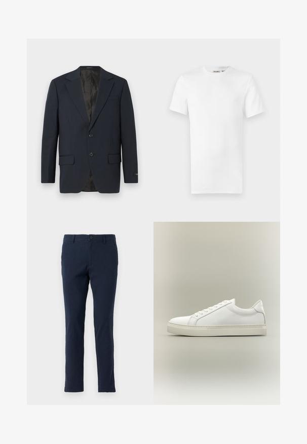 Marineblauwe blazer, twee knopen, notch-revers, twee voorzakken, gestructureerde stof en een gladde zwarte binnenvoering.; Effen wit T-shirt met korte mouwen en een ronde hals, met een klein merklintje aan de binnenkant van de kraag, weergegeven op een witte achtergrond.; Marineblauwe katoenen chino's met een slim fit, voorzien van een knoop- en ritssluiting, riemlussen, en voor- en achterzakken. Gladde textuur.; Witte lage sneaker met veters aan de voorkant en dikke zool, zijaanzicht tegen een neutrale achtergrond.