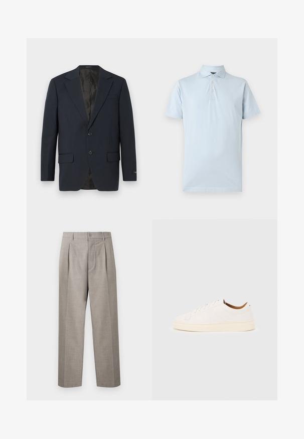 Marineblauwe blazer, twee knopen, notch-revers, twee voorzakken, gestructureerde stof en een gladde zwarte binnenvoering.; Lichtblauw poloshirt van zachte katoen, met een klassieke kraag, een drieknoopsluiting en een klein logo op de linkerborst.; Lichtgrijze rechte broek met plooien, riemlussen, knoopsluiting en ritssluiting, weergegeven op een effen achtergrond.; Witte lage sneaker met vetersluiting, minimale stikdetails en een crèmekleurige zool op een lichtgrijze achtergrond.