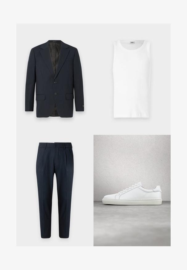 Marineblauwe blazer, twee knopen, notch-revers, twee voorzakken, gestructureerde stof en een gladde zwarte binnenvoering.; Witte katoenen mouwloze tanktop met een ronde halslijn en een gladde textuur. Eenvoudig ontwerp, geen patronen of accenten.; Marineblauwe broek met rechte snit, voorzien van een knoopsluiting, plooien aan de voorkant en een elastische tailleband voor comfort. Glad van textuur.; Witte sneaker met een gladlederen bovenwerk en een laag profiel. Voorzien van een ronde neus, zes vetergaatjes en een gestructureerde rubberen zool.