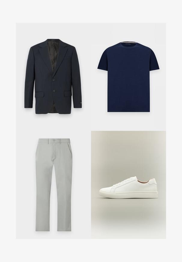 Marineblå blazer, to-buttons lukning, notch lapels, to forlommer, struktureret stof og en glat sort inderside.; Marineblå T-shirt med korte ærmer og rund hals, lavet af subtilt tekstureret stof med lille broderet logo på brystet, lagt fladt på hvid baggrund.; Lys grå bukser med en glat tekstur, lige snit, forlommer og en enkelt knaplukning i taljen.; Hvid lavt snøresko med snørelukning og flad sål, vist fra siden på en neutral baggrund.