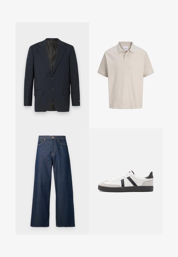 Marineblauwe blazer, twee knopen, notch-revers, twee voorzakken, gestructureerde stof en een gladde zwarte binnenvoering.; Beige poloshirt met korte mouwen, subtiele verticale strepen, een klassieke kraag en een twee knopen sluiting.; Wijde jeans gemaakt van donker denim met oranje stiksel, voorzien van vijf zakken, een knoopsluiting aan de voorkant en een rechte silhouet.; Witte sneaker met zwarte en grijze accenten, voorzien van een grijze neus met textuur, zwarte rubberen zool en platte witte veters. Schoon ontwerp, minimalistische stijl.