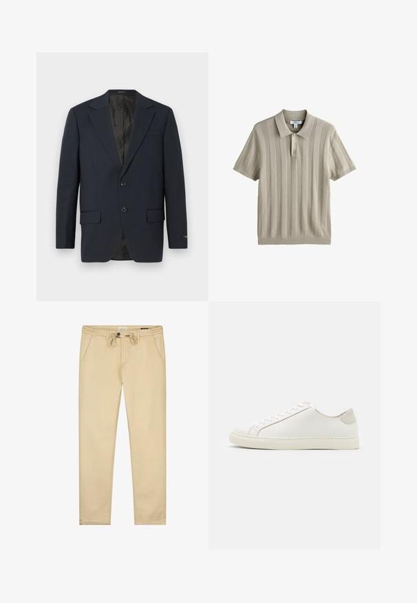 Marineblå blazer, to-buttons lukning, notch lapels, to forlommer, struktureret stof og en glat sort inderside.; Beige strikket polo med korte ærmer, lodret ribstrikket tekstur og tre knapper ved kraven, størrelse medium.; Beige bomuldsbukser med snoretræk i taljen, sidelommer og et lige ben design. Glat tekstur med minimal detaljer.; Hvide lædersneakers med en glat overflade, rund tå og minimalistisk design. Funktioner i beige nuancer på hælen og en gummisål.