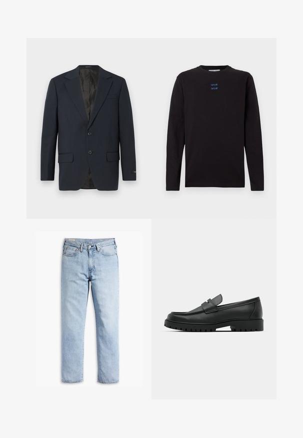 Marineblå blazer, to-buttons lukning, notch lapels, to forlommer, struktureret stof og en glat sort inderside.; Sort langærmet t-shirt med rund hals og lille blå "SAMSOE SAMSOE" tekst trykt to gange på brystet.; Lyseblå denimjeans med lige ben, fem-lommerstil og robust syning. Har lynlås og metalknap.; Sorte læder loafers med rund tå, der har et syet design, lav platformssål og en struktureret, skridsikker gummisål.