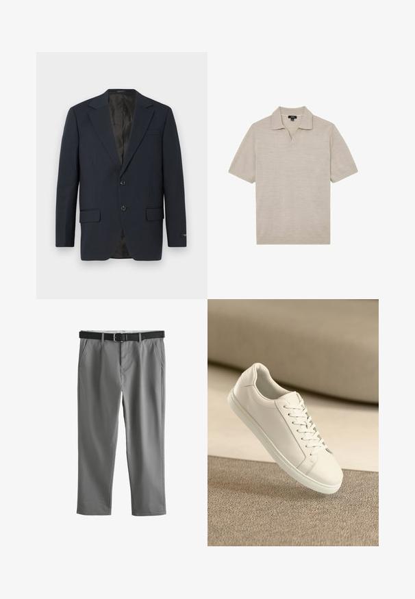 Marineblauwe blazer, twee knopen, notch-revers, twee voorzakken, gestructureerde stof en een gladde zwarte binnenvoering.; Beige gebreide polo met korte mouwen, kraag en V-hals, plat neergelegd op een witte achtergrond.; Grijze broek met rechte pijpen, zijzakken en een zwarte leren riem, plat liggend afgebeeld op een witte achtergrond.; Witte leren sneaker met witte veters, weergegeven op een beige textuurovervlak en een zacht vervaagd achtergrond.