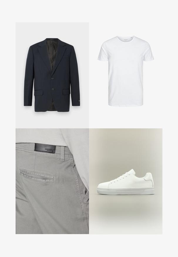 Marineblauwe blazer, twee knopen, notch-revers, twee voorzakken, gestructureerde stof en een gladde zwarte binnenvoering.; Ronde hals kortemouwen t-shirt in effen wit, gemaakt van zachte katoen, heeft een eenvoudig ontwerp zonder zichtbare patronen of accenten.; Grijze broek met een gladde textuur, voorzien van een achterzak met een horizontale opening en een klein zwart leren label nabij de tailleband.; Witte lage sneaker met veters aan de voorkant, gevoerde kraag en gerubberde zool met textuur, zijaanzicht op een neutrale achtergrond.