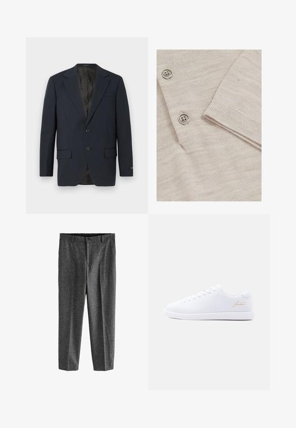 Marineblå blazer, to-buttons lukning, notch lapels, to forlommer, struktureret stof og en glat sort inderside.; Lys beige cardigan med en fin strikstruktur. Har tre metalliske knapper og ribbede manchetter for et struktureret finish.; Grå, strukturerede bukser med et diskret ternet mønster, der har en knaplukning og elastisk talje, taperet bendesign.; Hvid lavt snøresko med hvide snørebånd, tekstureret sål og gyldent "lacoste"-logo på siden mod en neutral baggrund.