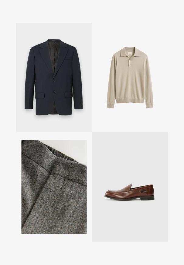 Marineblå blazer, to-buttons lukning, notch lapels, to forlommer, struktureret stof og en glat sort inderside.; Beige langærmet poloskjorte med krave og to knapper, ribstrikkede manchetter og kant, glatstrikket stof og GANT-mærkelabel indeni kraven.; Grå uldblandingsbukser med en glat tekstur, der har en bred talje og en ren, klassisk pasform. Subtile farveprikker er til stede.; Stuart Weitzman BURT - Loafers - auburn