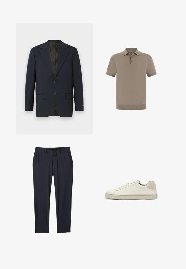 Marineblauwe blazer, twee knopen, notch-revers, twee voorzakken, gestructureerde stof en een gladde zwarte binnenvoering.; Polohemd in taupe met een gestructureerde afwerking, korte mouwen en een kraag. Heeft een knoopsluiting met drie knopen en geribbelde boorden.; Marineblauwe sportbroeken van rekbare stof, met een tailleband met trekkoord, twee zijzakken en een rechte pijp.; Witte leren lage sneaker met witte veters, licht gestructureerde zool en lichtgrijze suède hielpatch, zijaanzicht.