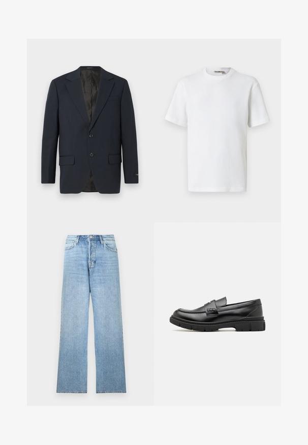 Marineblauwe blazer, twee knopen, notch-revers, twee voorzakken, gestructureerde stof en een gladde zwarte binnenvoering.; Wit T-shirt met korte mouwen, wafelstructuur en ronde hals, met een klein merkembleem aan de binnenkant van de kraag, afgebeeld op een effen achtergrond.; Lichtblauwe spijkerbroek met een rechte pijp, topknoopsluiting, vijf zakken en rafelige zoom.; Zwarte leren instapper met een brede band over de voet, rubberen zool met dikke noppen en een gladde textuur. Klassiek, strak ontwerp.