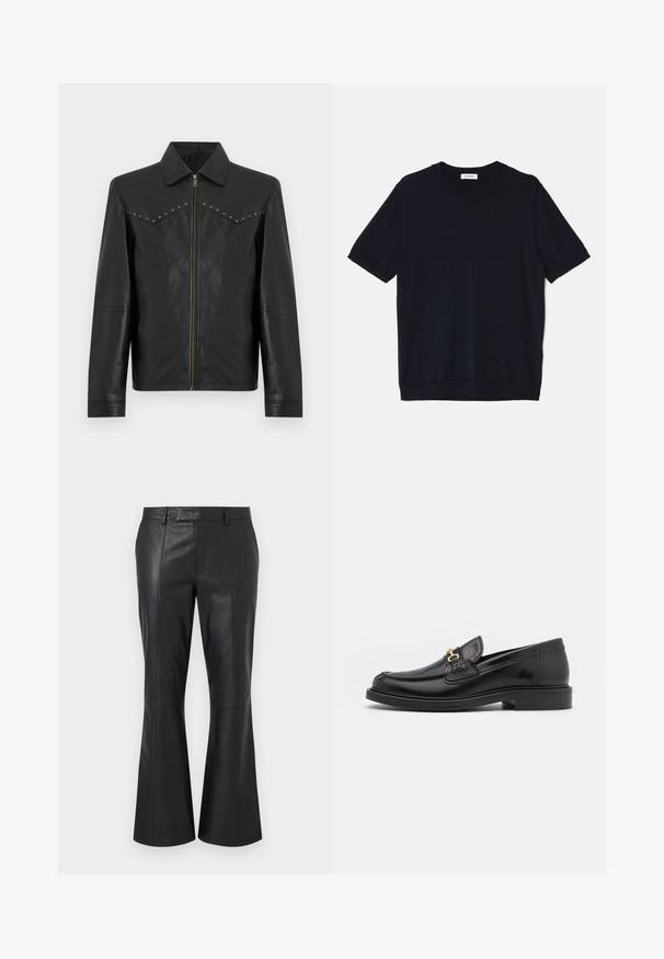 Veste en cuir noire avec fermeture éclair avant, col pointu, manches longues, poches latérales et clous argentés le long des coutures de la poitrine.; sandro PABLO TEE - T-shirt basique - noir; Pantalon en cuir noir avec une taille mi-haute, des passants pour ceinture, des coutures avant détaillées et un léger évasement au bas des jambes.; Mocassins en cuir noir avec un embout rond, présentant des accents en métal doré et des détails de couture, montés sur une semelle en caoutchouc texturé et basse.
