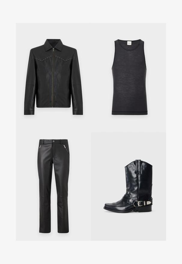 Veste en cuir noire avec fermeture éclair avant, col pointu, manches longues, poches latérales et clous argentés le long des coutures de la poitrine.; Débardeur noir sans manches en matériau léger, avec un col rond et une texture subtile, doté d'un détail d'ourlet contrasté.; Pantalons en cuir noir à coupe slim, avec deux poches zippées à l'avant, une fermeture éclair et une texture lisse.; Botte de cowboy en cuir noir avec un bout pointu, une tige haute, des coutures décoratives et une quincaillerie en argent sur la sangle. Fini texturé.