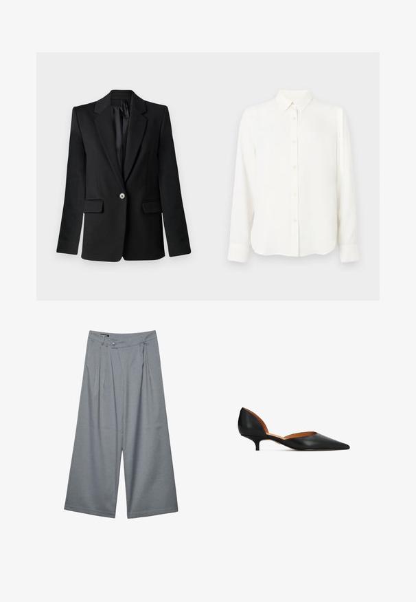 Sort blazer med klapkraver, enkelt knaplukning, to frontlommer og strukturerede skuldre. Glat stof med skræddersyet pasform.; Hvid langærmet skjorte med krave og manchetter, enkel og stilren design, præsenteret på en hvid baggrund.; Grå, højtaljede, bredbenede bukser med fine striber, forstykker med læg, linning med bælteholdere og lukning med én knap.; Sorte læder kitten-heel sko med spids tå, åbne sider og en indersål i tanlæder. Hælen har en let bue og er struktureret.