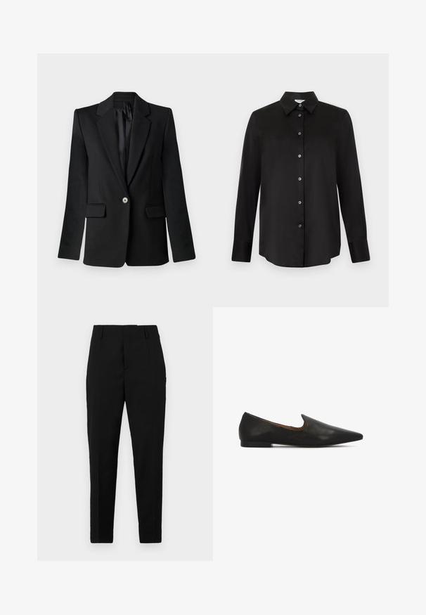 Sort blazer med klapkraver, enkelt knaplukning, to frontlommer og strukturerede skuldre. Glat stof med skræddersyet pasform.; Sort langærmet skjorte med knapper og spids krave med syv knapper, vist på en lysegrå baggrund.; Sorte bukser med en skræddersyet pasform, der har sidelommer, en glat tekstur og et strømlinet design, der bliver smalere mod anklerne.; Sorte læderballerinaer med spids tå, lav tekstureret hæl og et elegant udskåret område omkring vristen for nem at kunne tage dem af og på.