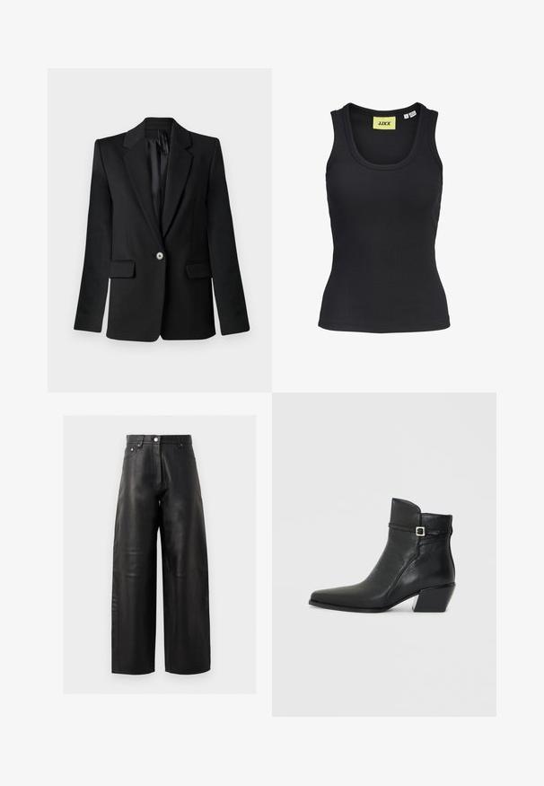 Sort blazer med klapkraver, enkelt knaplukning, to frontlommer og strukturerede skuldre. Glat stof med skræddersyet pasform.; Sort ribbet ærmeløst top med rund halsudskæring og gul label med teksten "JJXX" nær kraven, størrelse small.; Sorte læder bredbenede bukser med høj talje, forlommer og subtile syninger. Den glatte tekstur forbedrer designet.; Sorte læder ankelstøvler med spids tå, en lav blokhæl og en dekorativ rem med en sølvspænde accent. Glat tekstur.