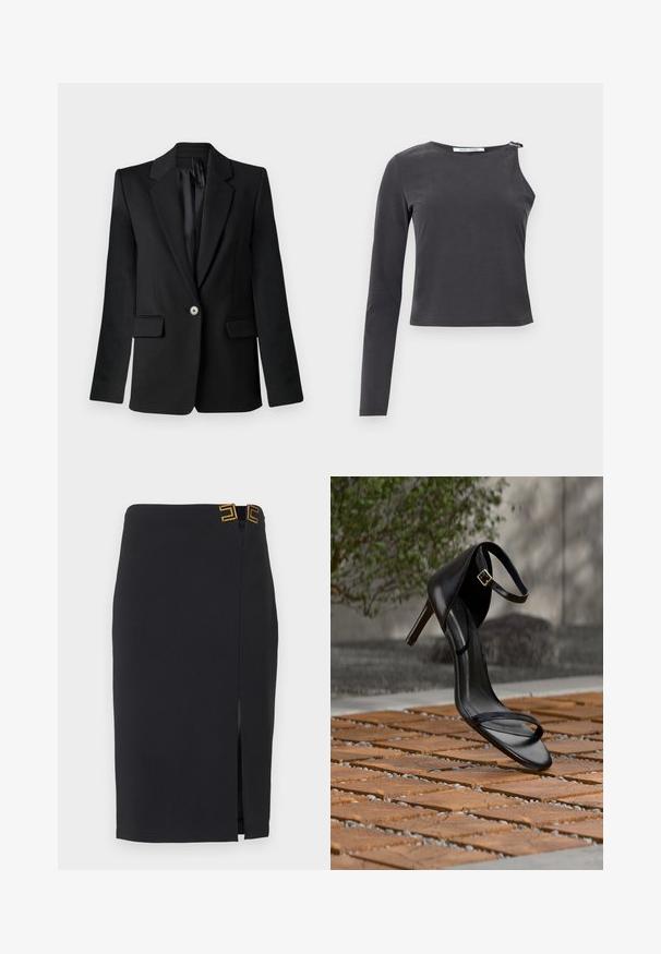 Sort blazer med klapkraver, enkelt knaplukning, to frontlommer og strukturerede skuldre. Glat stof med skræddersyet pasform.; Sort asymmetrisk bluse med lange ærmer, hvor den ene side har et helt ærme, og den anden er ærmeløs med en lynlåsdetalje ved skulderen.; Sort knælang pencilskørt med frontslids og to gyldne firkantede spænde-detaljer i linningen på højre side.; Sort højhælet sandal med ankelsnor, der ser ud til at svæve over et trægulv udendørs med sløret grønt og sten i baggrunden.