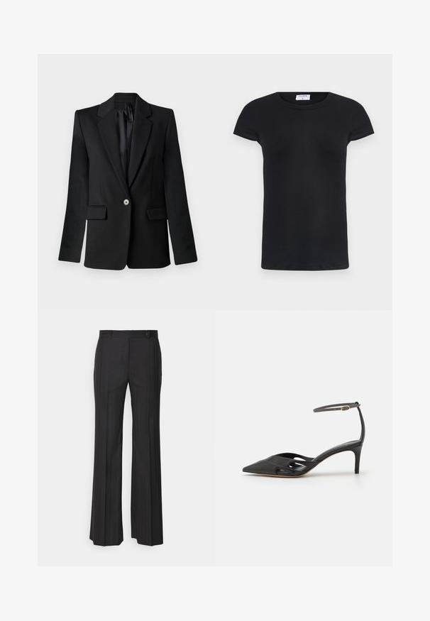 Sort blazer med klapkraver, enkelt knaplukning, to frontlommer og strukturerede skuldre. Glat stof med skræddersyet pasform.; Sort ribbet T-shirt med rund halsudskæring og korte ærmer. Blødt materiale med en tætsiddende pasform, som har et mærke i nakken.; Sorte, vide bukser med et subtilt stiklestip mønster, lavet af et glat materiale. Har en frontlukning og bæltesløjfer.; Sort læder højhælet sko med spids tå, åbne sider og en tynd ankelrem med en lille guld detalje.