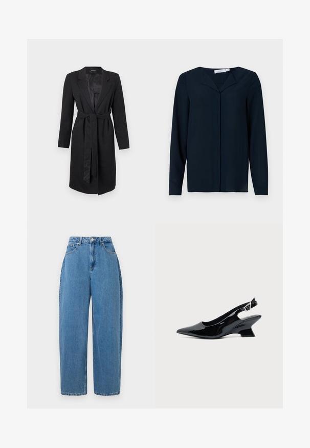Schwarzer langer Mantel aus strukturiertem Stoff, mit einem Spitzenrevers, langen Ärmeln und einem passenden gebundenen Gürtel in der Taille. Glatte Satin-Außenfutter.; Marineblaue Bluse mit langen Ärmeln aus leichtem Stoff, ausgestattet mit einem V-Ausschnitt, Knopfverschluss und einer glatten Textur.; Hellblaue Jeanshose mit geradem Bein, hoher Taille und Knopfverschluss vorne. Verfügt über fünf Taschen und minimale Nähte.; Schwarzer Slingback-Schuh aus Lackleder mit spitzer Spitze und niedrigem, schrägem Blockabsatz auf einfachem hellem Hintergrund.