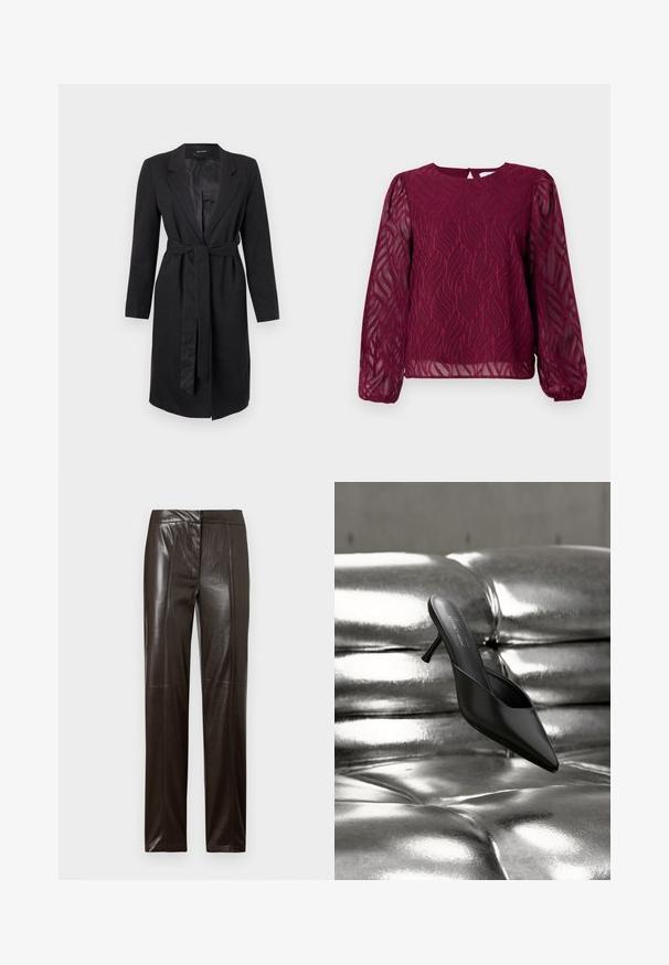 Schwarzer langer Mantel aus strukturiertem Stoff, mit einem Spitzenrevers, langen Ärmeln und einem passenden gebundenen Gürtel in der Taille. Glatte Satin-Außenfutter.; Burgunderfarbene Bluse mit durchsichtigen langen Ärmeln, die ein blättriges Muster mit bestickten Details und einen runden Ausschnitt mit einer Türverschlussöffnung am Rücken aufweist.; Dunkelbraune gerade geschnittene Lederhosen mit glatter Oberfläche und dezenten Nahtdetails an der Vorderseite.; Schwarzer Mule mit spitzer Spitze und schlankem Absatz, platziert auf einer glänzenden, silbermetallischen, gesteppte Oberfläche.