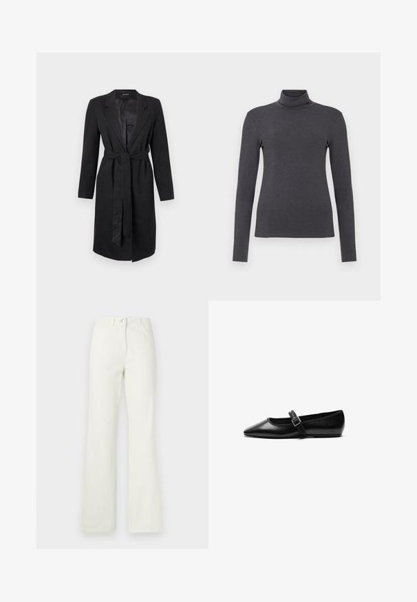 Manteau long noir en tissu texturé, avec un revers en pointe, des manches longues et une ceinture assortie à nouer à la taille. Doublure en satin lisse.; Pull noir à col roulé avec des manches longues, fabriqué dans un tissu doux. Présente un design ajusté et des détails de couture minimalistes.; Jean blanc évasé avec cinq poches, une fermeture avant à boutons et des passants pour ceinture, fabriqué en tissu mélangé de coton lisse.; Chaussure noire plate en cuir avec un bout pointu, bride réglable avec une boucle en métal, texture lisse et design minimaliste.