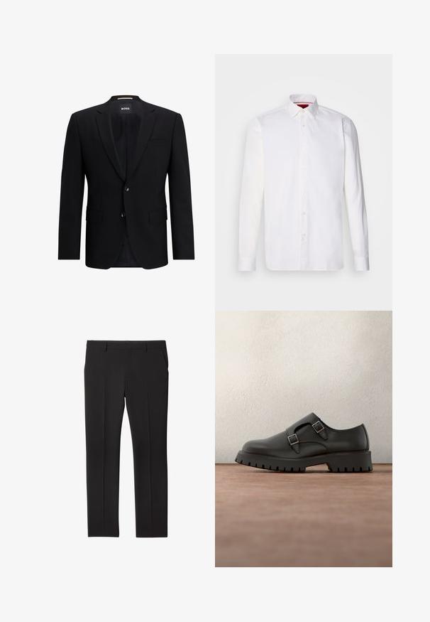 Blazer noir à un seul bouton, fabriqué en tissu lisse. Doté de deux boutons, de revers en pointe et de deux poches avant. Intérieur doublé.; Chemise blanche à manches longues en coton, avec un col classique, une patte de boutonnage à l'avant et une texture lisse. Détail rouge à l'intérieur du col.; Pantalon noir sur mesure avec passants de ceinture, poches avant, et coupe droite, posé à plat sur un fond blanc.; Chaussure en cuir noir avec double boucle, pointe arrondie et semelle épaisse en caoutchouc texturé. Design minimaliste avec intérieur bleu contrastant.