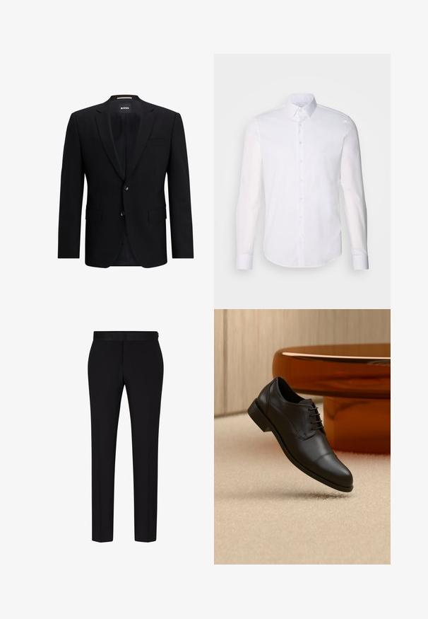 Zwarte enkelvoudig ingestikte blazer van gladde stof. Beschikt over twee knopen, reverskraag en twee frontzakken. Gevoerde binnenkant.; Witte lange mouwen overhemd met knopen, gemaakt van katoen, voorzien van een klassieke kraag, voorkant met knopen en minimale stikdetails.; BOSS H GENIUS TUX 231 - Pantalon - black; Zwarte leren formele oxfordschoen met veters zwevend boven een beige tapijt, met een ronde bruine tafel op de achtergrond.