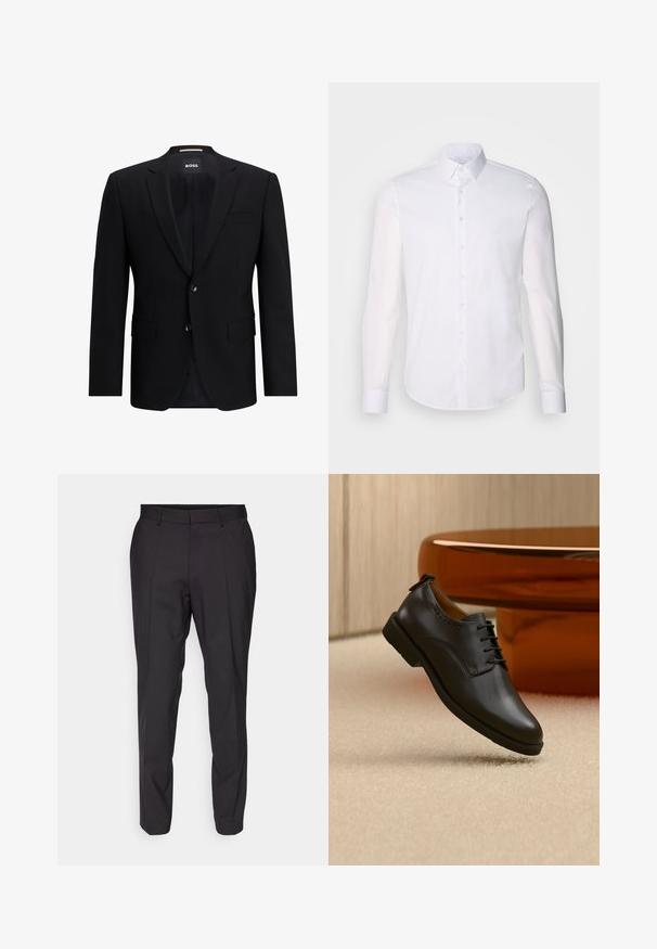 Blazer noir à un seul bouton, fabriqué en tissu lisse. Doté de deux boutons, de revers en pointe et de deux poches avant. Intérieur doublé.; Chemise blanche à manches longues en coton, dotée d'un col classique, de boutons à l'avant et de détails de couture minimalistes.; Pantalons noirs sur mesure avec une coupe droite, présentant un devant plat, des passants de ceinture et une texture lisse. Pas de motifs ou d'accents visibles.; Chaussure habillée en cuir noir avec lacets, suspendue au-dessus d'un tapis beige clair, table ronde orange en arrière-plan.