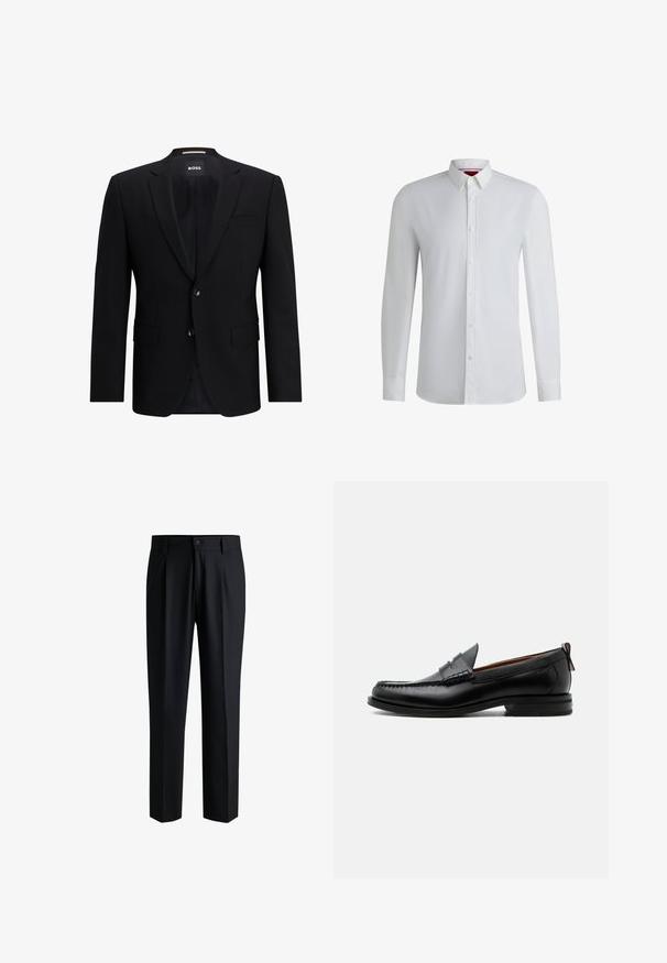 Blazer noir à un seul bouton, fabriqué en tissu lisse. Doté de deux boutons, de revers en pointe et de deux poches avant. Intérieur doublé.; Chemise blanche à manches longues avec un col boutonné, présentant une texture lisse, une coupe droite et un détail subtil le long de la patte de boutonnage.; Pantalons noirs en tissu lisse, avec une coupe droite, des plis à l'avant et une fermeture à bouton avec passants de ceinture.; Mocassin homme en cuir noir avec couture moc toe, bride penny, col texturé et petit talon empilé sur fond blanc.