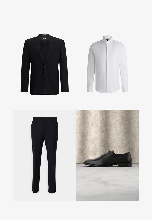 Blazer noir à un seul bouton, fabriqué en tissu lisse. Doté de deux boutons, de revers en pointe et de deux poches avant. Intérieur doublé.; Chemise blanche à manches longues en coton lisse, dotée d'un col classique, d'une patte de boutonnage complète et de poignets à bouton. Design minimaliste.; Pantalon noir en tissu tissé, à coupe ajustée, avec un devant plat, des poches latérales et une coupe droite.; Chaussure habillée en cuir noir au design épuré, à bout arrondi, avec cinq œillets pour les lacets et un petit talon rehaussé. Détail du logo embossé subtil.