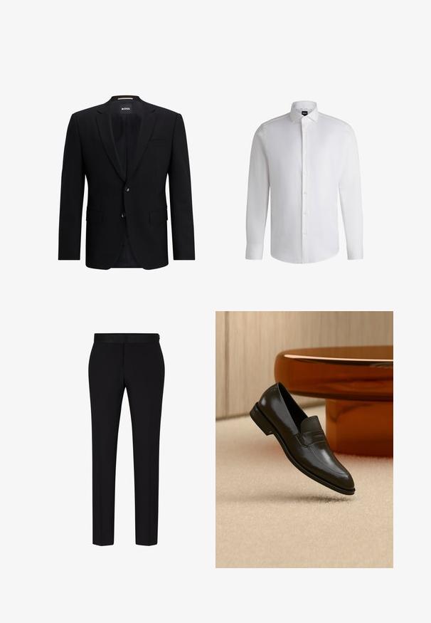 Zwarte enkelvoudig ingestikte blazer van gladde stof. Beschikt over twee knopen, reverskraag en twee frontzakken. Gevoerde binnenkant.; Witte lange mouwen shirt van soepel katoen, met een klassieke kraag, volledige knoopsluiting en knoopmanchetten. Minimalistisch ontwerp.; BOSS H GENIUS TUX 231 - Pantalon - black; Zwarte leren loafer met een slank design, voorzien van een gestructureerde band en een gladde afwerking. Geplaatst tegen een zachte, lichte achtergrond.