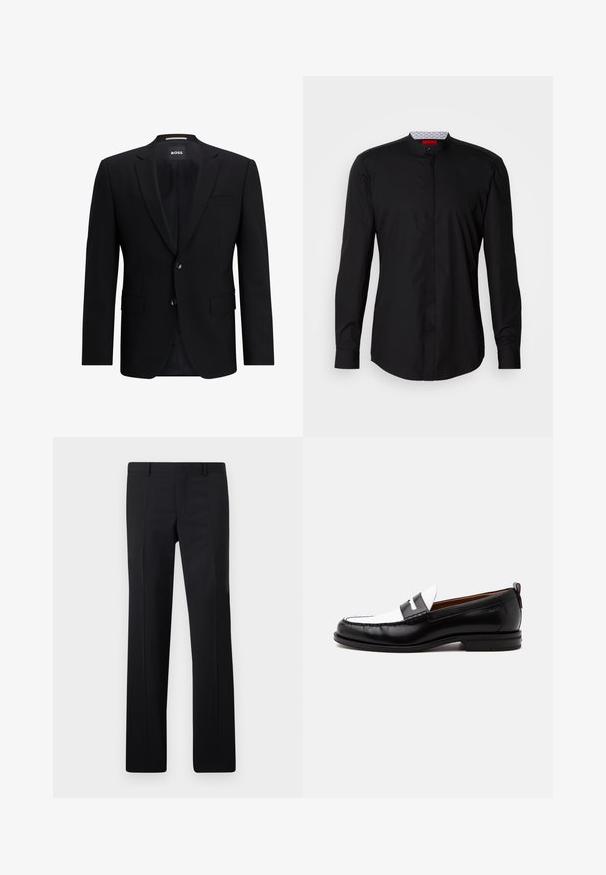 Zwarte enkelvoudig ingestikte blazer van gladde stof. Beschikt over twee knopen, reverskraag en twee frontzakken. Gevoerde binnenkant.; Zwart shirt met lange mouwen en een mandarijnkraag, gemaakt van een gladde stof, met een knoopsluiting aan de voorkant en subtiele designdetails.; Zwarte op maat gemaakte pantalon met een recht model, scherpe plooien en een gladde afwerking. Gemaakt van lichtgewicht stof met een strakke tailleband.; Zwart-witte leren loafer met gestikte details, lage hak en slip-on ontwerp, zijaanzicht op een egale achtergrond.