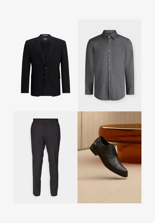 Blazer noir à un seul bouton, fabriqué en tissu lisse. Doté de deux boutons, de revers en pointe et de deux poches avant. Intérieur doublé.; Chemise habillée pour homme à manches longues gris foncé avec col pointu et boutons à l'avant, affichée sur un fond gris clair.; Pantalons noirs sur mesure avec une coupe droite, présentant un devant plat, des passants de ceinture et une texture lisse. Pas de motifs ou d'accents visibles.; Chaussure oxford formelle en cuir noir avec lacets, flottant au-dessus d’un tapis beige, avec une table ronde marron en arrière-plan.