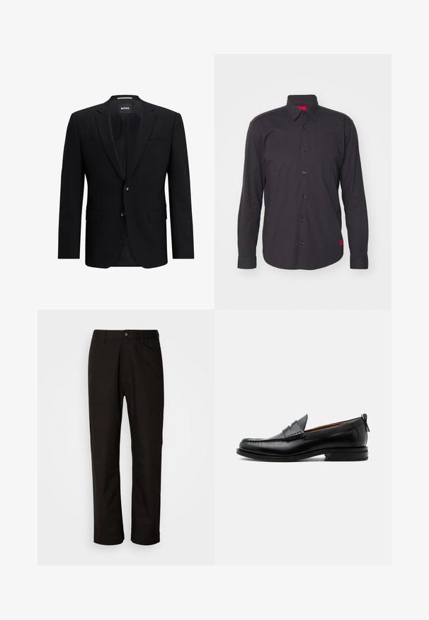 Zwarte enkelvoudig ingestikte blazer van gladde stof. Beschikt over twee knopen, reverskraag en twee frontzakken. Gevoerde binnenkant.; Zwarte langemdje shirt van katoen, met een puntige kraag, knopen aan de voorkant, en een rode accenten aan de binnenkant van de kraag. Textuurstof zonder patronen.; Zwarte katoenen broek met een rechte snit, riemlussen, een ritssluiting aan de voorkant en een enkele knoopsluiting. Soepele textuur zonder zichtbare patronen.; Zwarte leren herensloffen met moc toe stiksel, pennyriem, gestructureerde kraag en lage gestapelde hak op witte achtergrond.