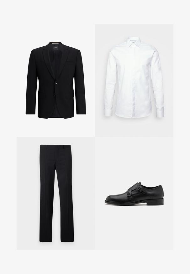 Zwarte enkelvoudig ingestikte blazer van gladde stof. Beschikt over twee knopen, reverskraag en twee frontzakken. Gevoerde binnenkant.; Witte lange mouwen shirt van gladde katoen stof. Bevat een klassieke kraag, knoopsluiting en een aansluitend ontwerp met manchetten bij de polsen.; Zwarte op maat gemaakte pantalon met een recht model, scherpe plooien en een gladde afwerking. Gemaakt van lichtgewicht stof met een strakke tailleband.; Zwarte leren dresschoen met dubbele gespen, slank silhouet en ronde neus. Kenmerkt zich door een lage hak en een gladde textuur.