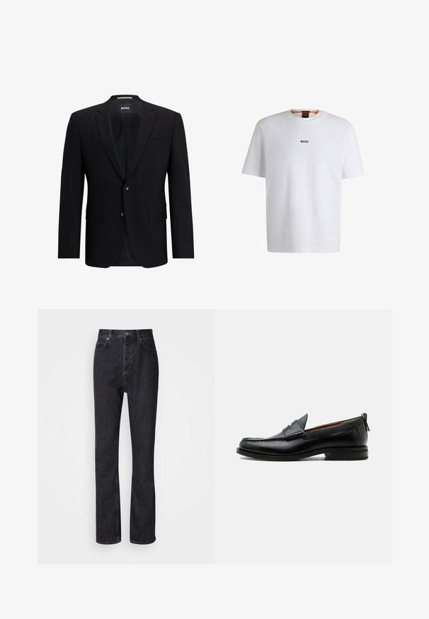 Zwarte enkelvoudig ingestikte blazer van gladde stof. Beschikt over twee knopen, reverskraag en twee frontzakken. Gevoerde binnenkant.; Witte katoenen T-shirt met korte mouwen, voorzien van een zwart "BOSS"-logo in het midden van de borst en een ronde halsontwerp.; Hoge taille zwarte denim jeans met een knoop- en ritssluiting, voor- en achterzakken en een rechte pasvorm.; Zwarte leren herensloffen met moc toe stiksel, pennyriem, gestructureerde kraag en lage gestapelde hak op witte achtergrond.
