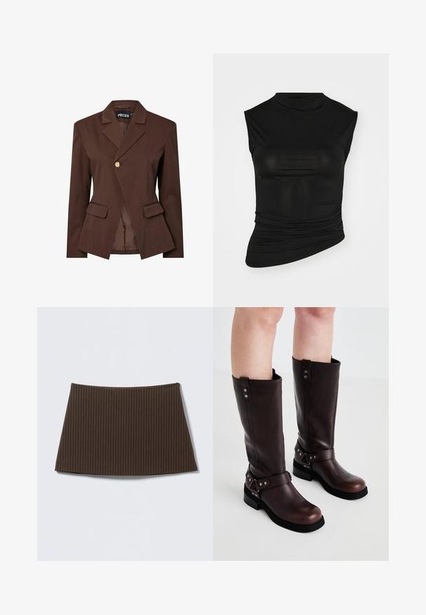 Blazer marrón a medida con un solo botón dorado de cierre, solapas con muesca y dos bolsillos frontales. Tejido suave con un corte estructurado.; Top negro sin mangas con cuello alto, hecho de una tela suave. Presenta detalles fruncidos en un lado y una silueta ajustada.; Falda marrón con rayas finas, diseño ajustado, textura suave y dobladillo acampanado, ideal para un look entallado.; Botas de cuero marrón hasta la rodilla con una textura suave, que cuentan con una correa ancha y detalles de hardware triangulares, suelas de goma planas.