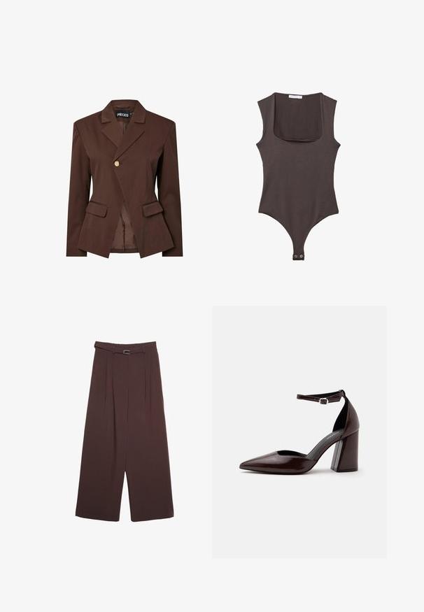 Blazer marron sur mesure avec une fermeture à un seul bouton en or, revers crantés et deux poches avant. Tissu lisse avec une coupe structurée.; Bodysuit sans manches marron avec un col carré, fabriqué en tissu doux. Comprend une fermeture à pression en bas et une silhouette ajustée.; Stradivarius SMART WIDE-LEG WITH BUCKLE DETAIL - Pantalon classique - dark brown; Chaussure à talon haut en cuir marron foncé à bout pointu, avec bride à la cheville et boucle argentée sur fond blanc.