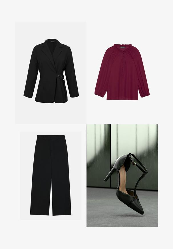 Blazer noir cintré avec manches longues, revers à cran et détail de boucle latérale à la taille.; Blouse bordeaux avec de longues manches bouffantes, un col froncé et une fermeture à boutons. Tissu doux et léger avec une texture lisse.; Pantalons noirs à jambe large en tissu lisse. Dotés d'une taille plate avec passants de ceinture et sans poches visibles. Design simple.; Chaussure à talon haut en cuir noir avec bout pointu et bride à la cheville, suspendue au-dessus d'une surface grise avec des panneaux en verre dépoli en arrière-plan.