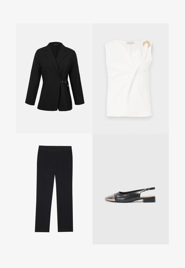 Blazer noir cintré avec manches longues, revers à cran et détail de boucle latérale à la taille.; Blouse sans manches blanche avec un design croisé, présentant un détail décoratif en forme d'anneau doré sur l'épaule droite.; Pantalon noir avec une coupe droite, comportant des poches latérales et un tissu lisse. Détails minimaux, ceinture épurée.; Des chaussures slingback avec une tige en cuir noir, un bout pointu en métal rose doré et un petit talon carré. Texture lisse avec un design courbé.