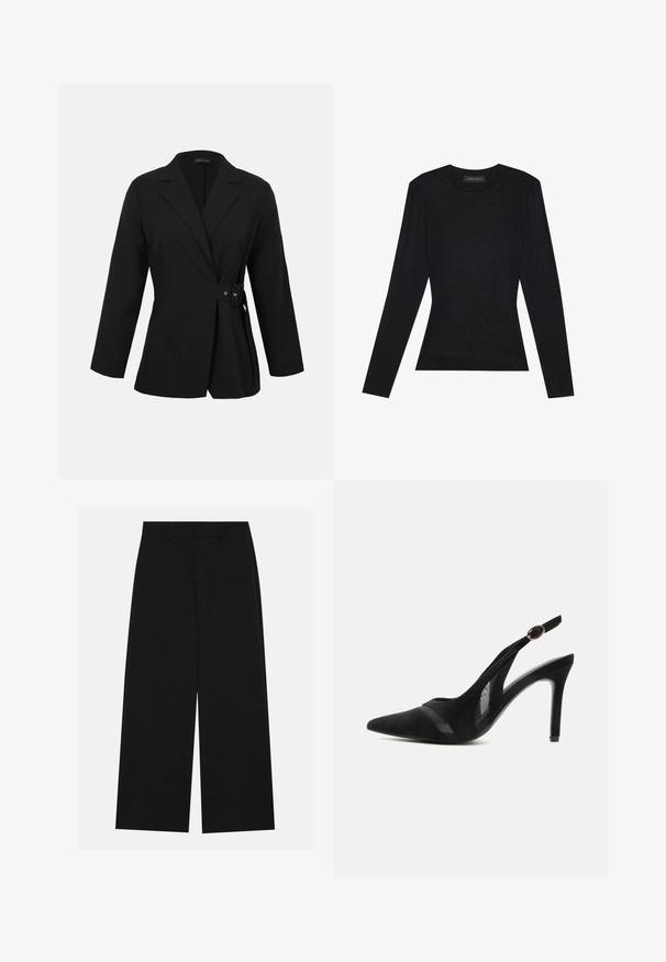 Blazer noir cintré avec manches longues, revers à cran et détail de boucle latérale à la taille.; Haut noir à manches longues avec un col rond, présentant une silhouette ajustée et un léger détail froncé aux épaules. Fabriqué en coton doux.; Pantalons noirs à jambe large en tissu lisse. Dotés d'une taille plate avec passants de ceinture et sans poches visibles. Design simple.; Escarpin slingback en daim noir à bout pointu avec des accents en mesh, un talon haut fin et une bride à boucle dorée sur fond uni.